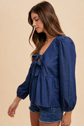 Annie Wear Women's Tie Front Peplum Long Sleeve Denim Top